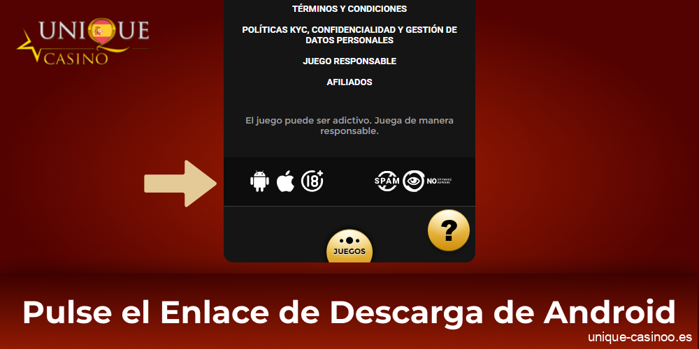 Haz clic en el icono de Android para descargar Unique Casino APK