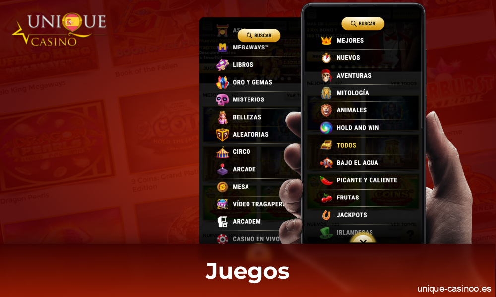 Juegos de casino disponibles en la aplicación Unique Casino