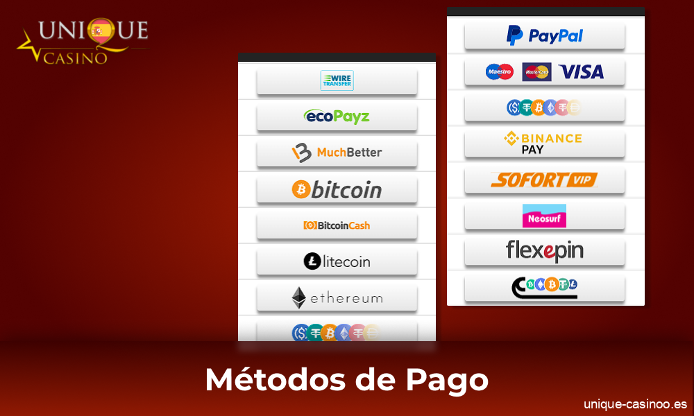 Métodos de pago en la aplicación móvil de Unique Casino en España