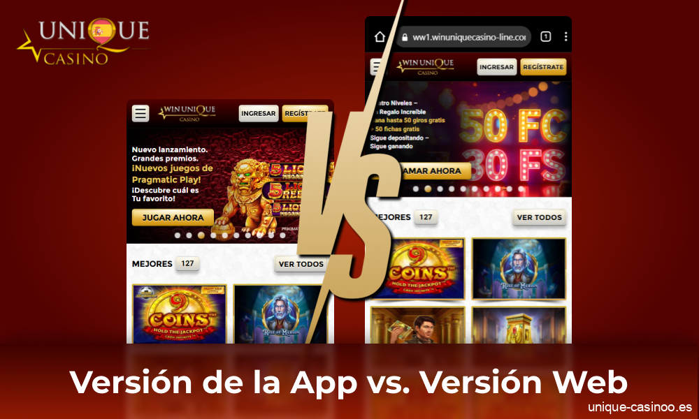 Comparación de la aplicación móvil de Unique Casino con la versión para navegador
