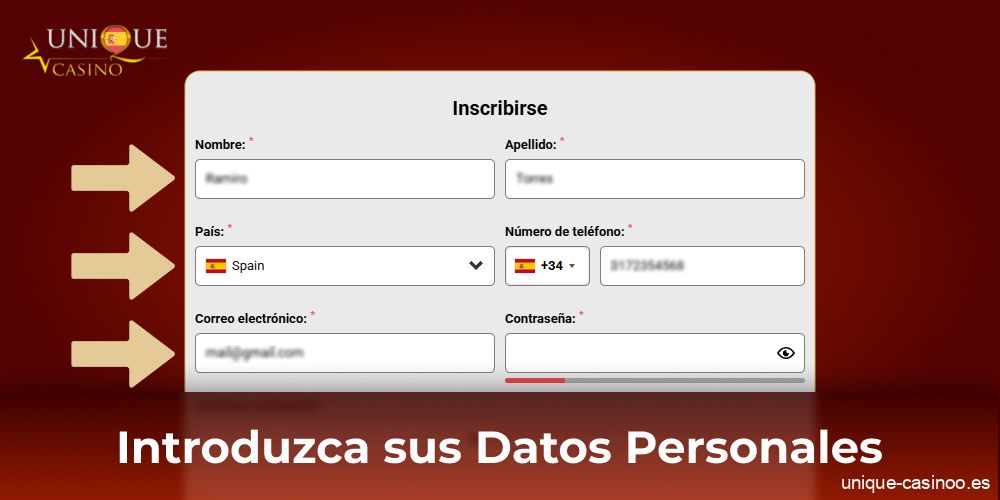 Rellene sus datos personales en el formulario de inscripción de Unique Casino