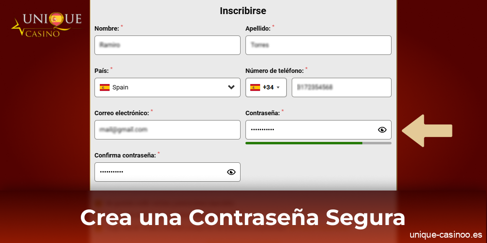 Crea una contraseña segura cuando te registres en Unique Casino