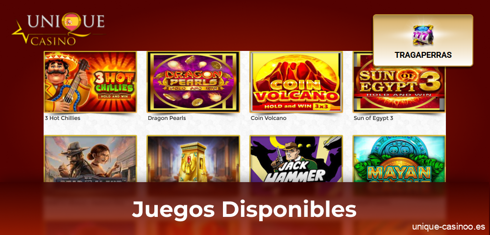 Juegos disponibles para utilizar el bono sin depósito en Unique Casino